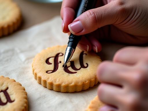 Mains calligraphiant sur des biscuits avec une plume
