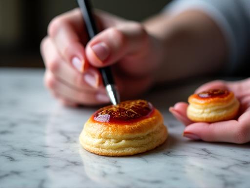 Chef pâtissier montrant une calligraphie complexe sur un gâteau