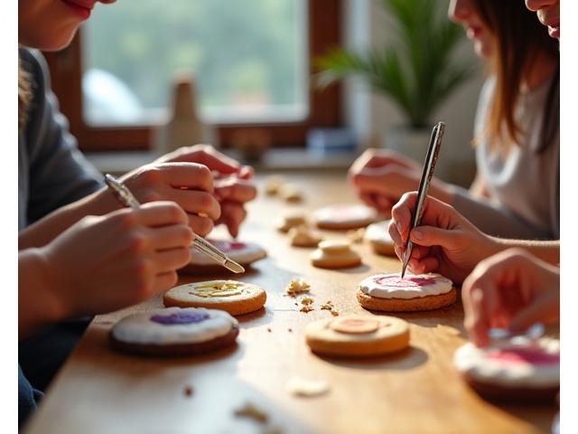 Participants souriants décorant des biscuits lors d'un atelier de calligraphie culinaire